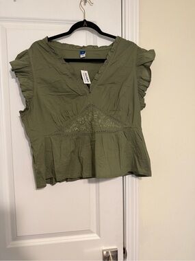 Old Navy Olive Green V-Neck Embroidered Flutter Sleeve Top